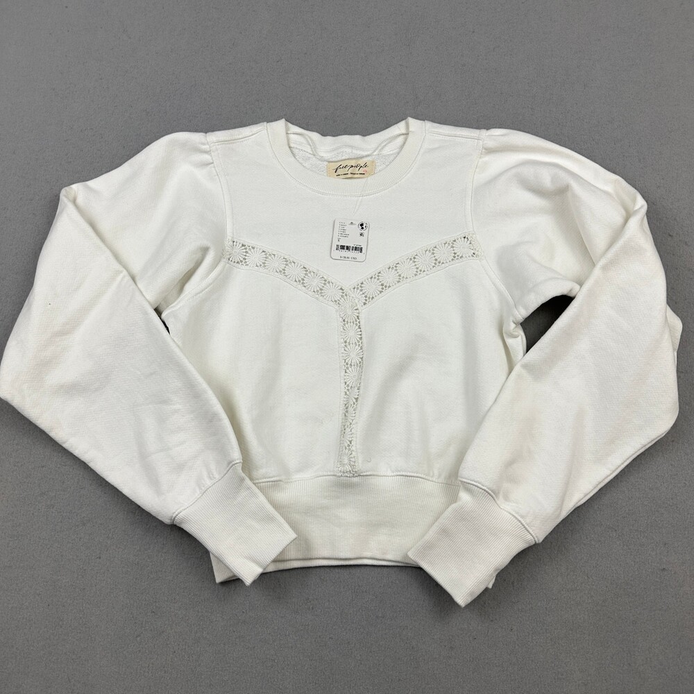 Free People Sweatshirt Women Small Ivory Soid Cropped Lace Crochet Inset S